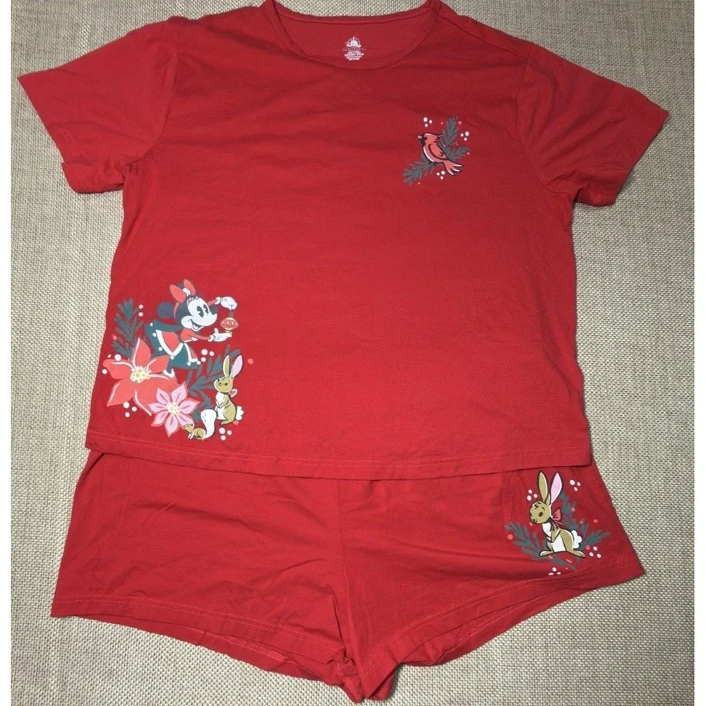 Disney Parks Minnie Mouse Lounge Set XL Red Top Shorts Pajamas Lightweight - Picture 12 of 12